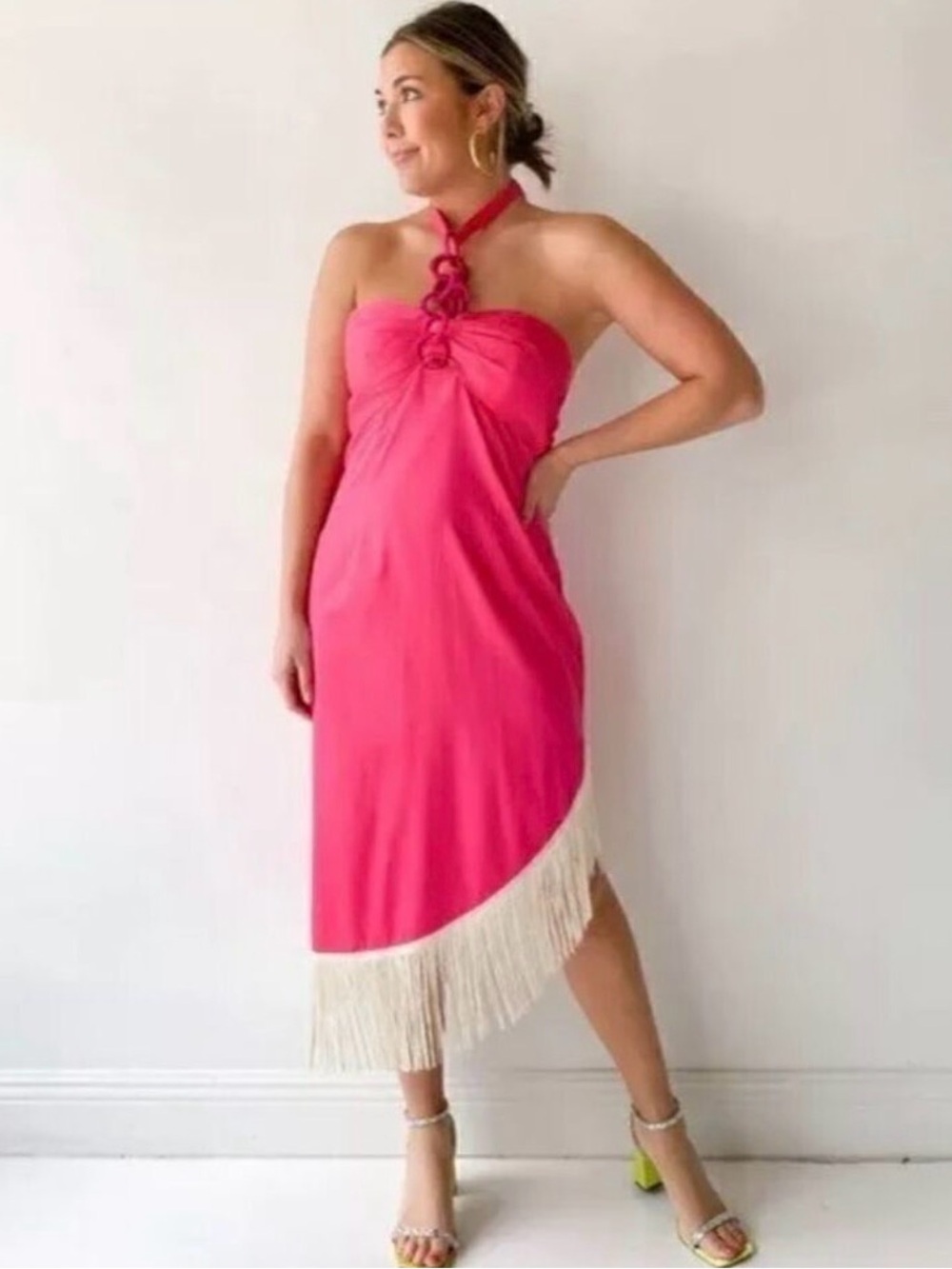 Strapless Pink Midi Dress with Fringe Hem